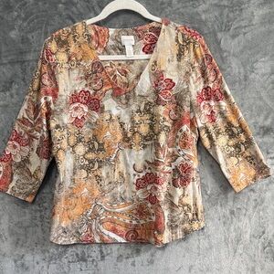 Chico's sz 2 LG Women's Red and Orange Floral Blouse vneck 3/4 sleeve